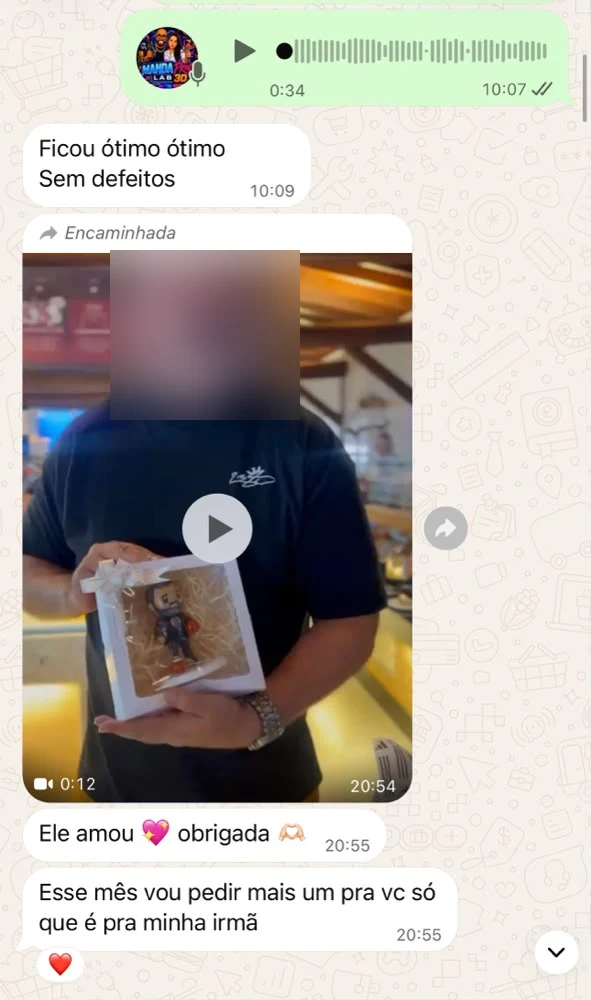 Feedback anonimizado de cliente elogiando uma miniatura recebida